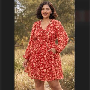 Torrid Floral Mini Dress 3X Red Chiffon Babydoll Bishop Sleeve Pockets Cottage